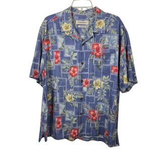 Tommy Bahama Original Fit 100 % Silk Blue Floral Short Sleeve Shirt Hawaiian L